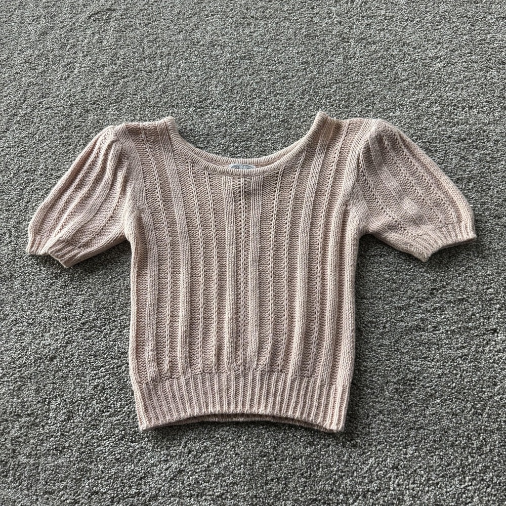 Vintage 90s Silk Sweater Womens M Pink Scoop Neck Puff Short Sleeve Glitter Knit